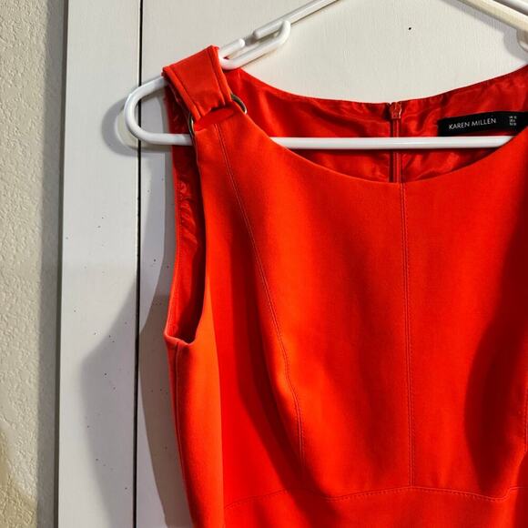 Karen Millen Pleated Belted A-line Crepe Dress Coral Red Size 6 Classic - Picture 6 of 9